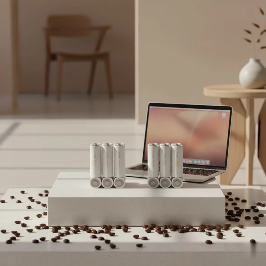 Rechargeable D batteries and charger on a wooden surface