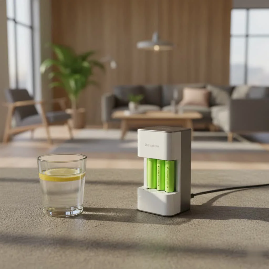 A stack of rechargeable AA batteries with a smart charger
