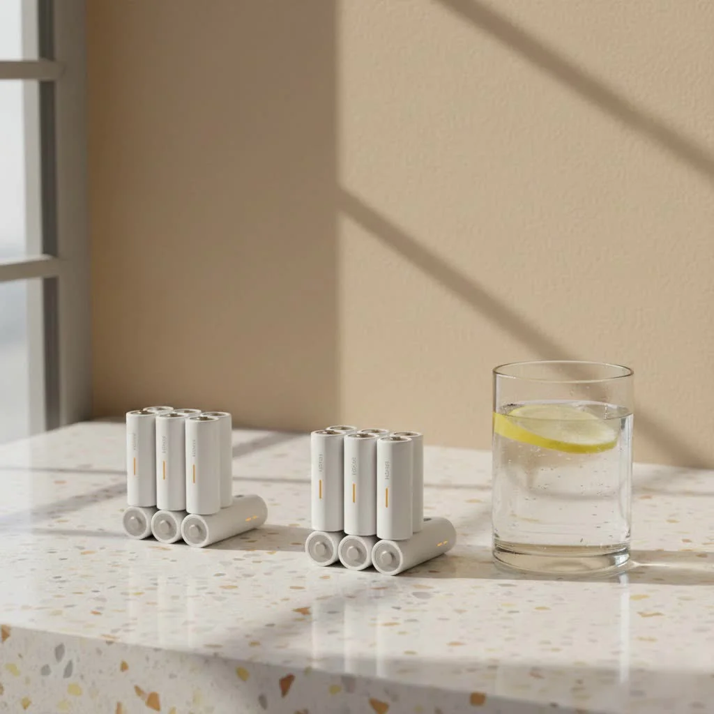 Rechargeable 123 batteries and a charger on a white surface